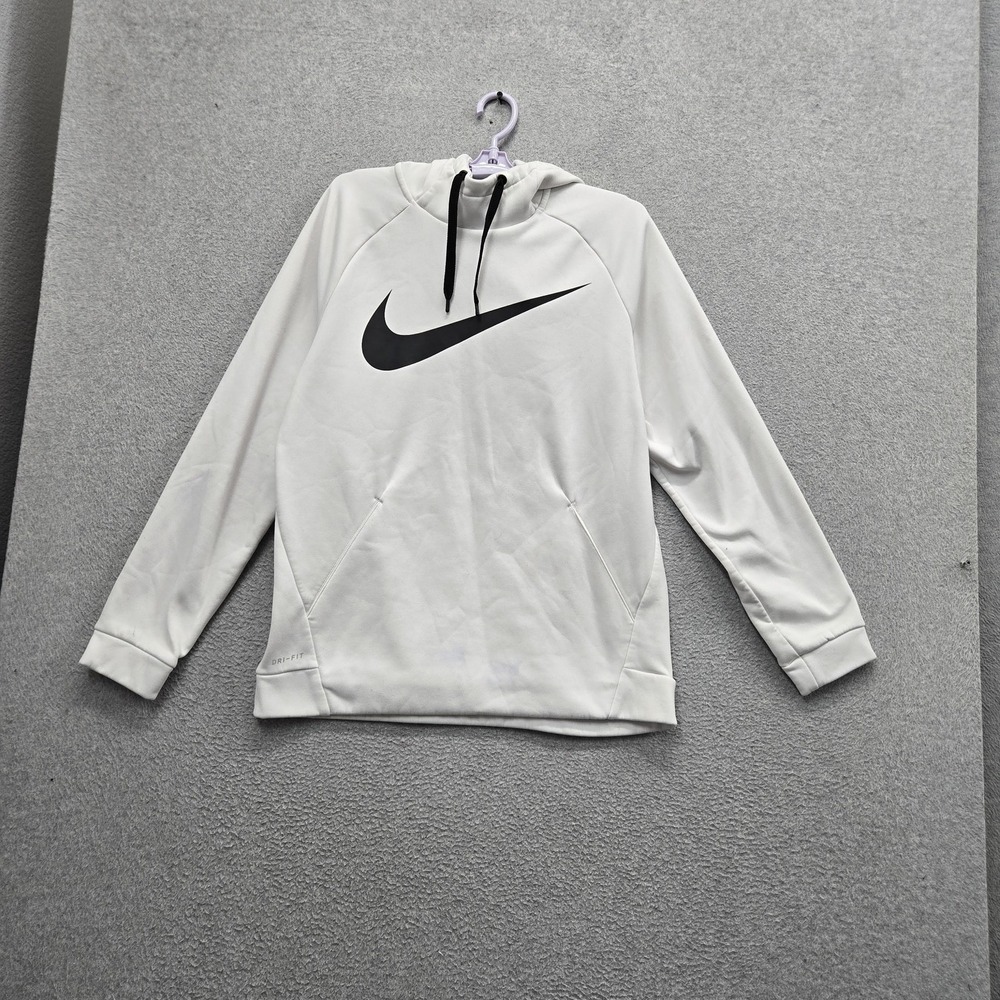 Nike Men Hoodie M White Fleece Swoosh Logo Dri-Fit Activewear Hooded Stretch